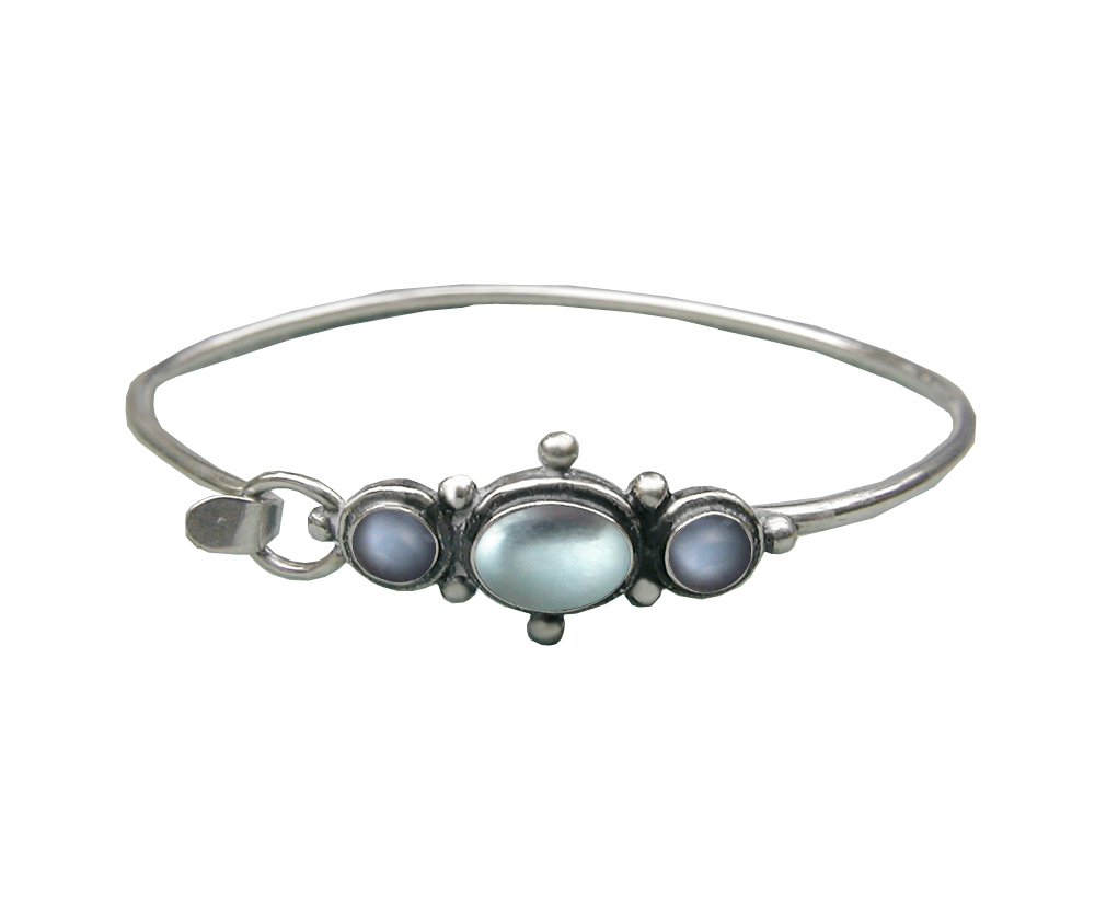 Sterling Silver Strap Latch Spring Hook Bangle Bracelet Blue Topaz And Grey Moonstone